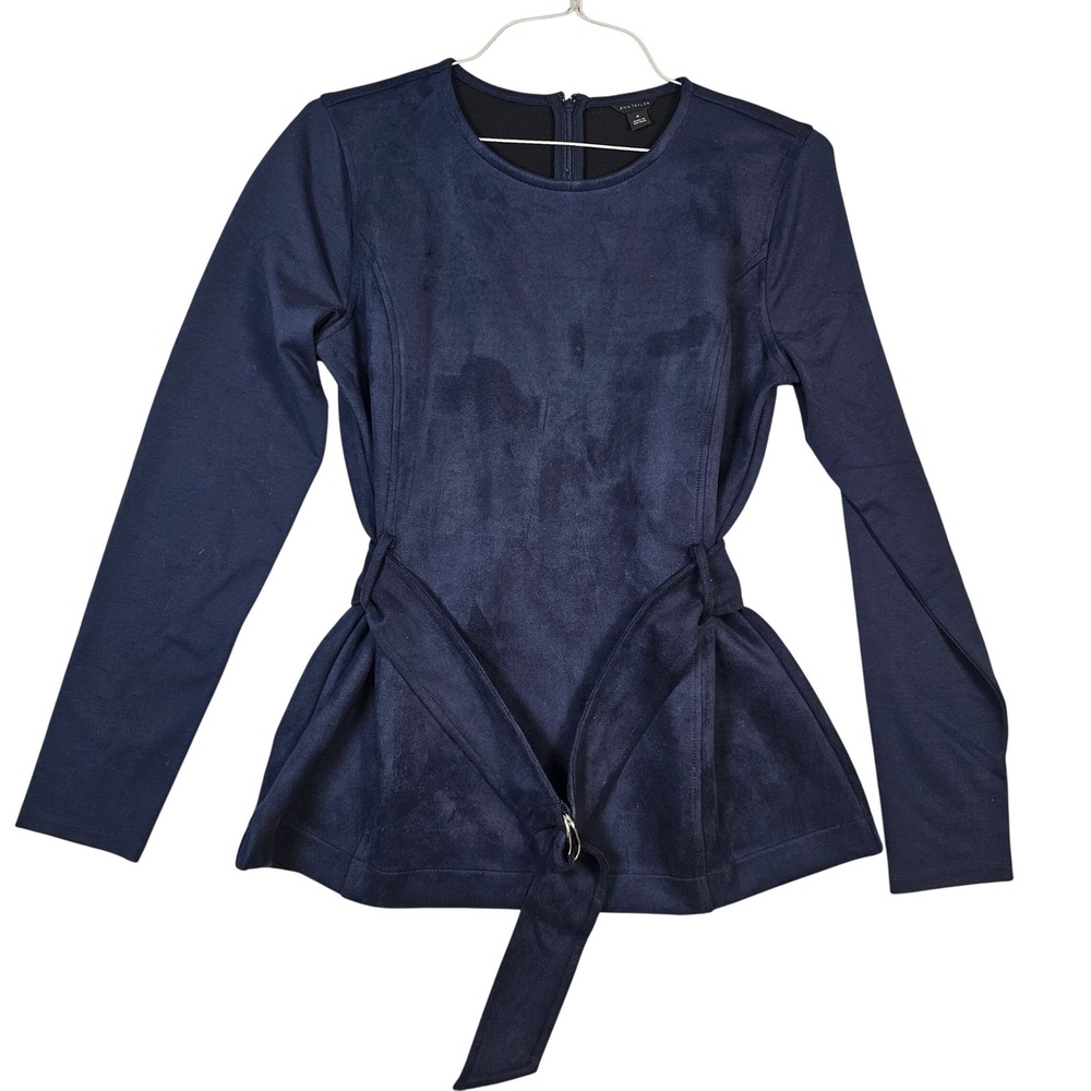 Ann Taylor Navy Blue Faux Suede Peplum Belted Long Sleeve Top Size M